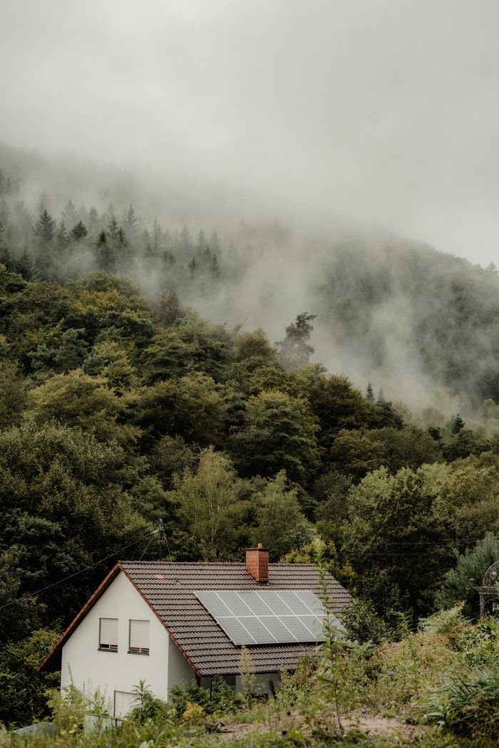A house with solar panels nestled in a foggy forest, offering a serene and eco-friendly setting.